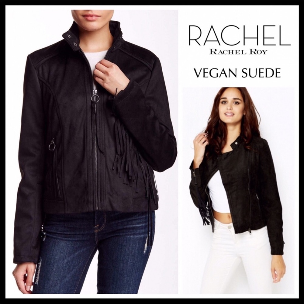 BLACK VEGAN SUEDE BOHO FRINGE MOTO JACKET A3C - Picture 8 of 8